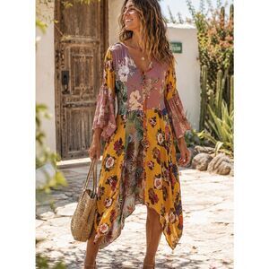 Sacred Threads Patchwork Boho Midi Dress Artisan Hippie Sz L/XL